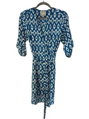 Maeve Blue and ikat White Midi Dress with tie Size Medium